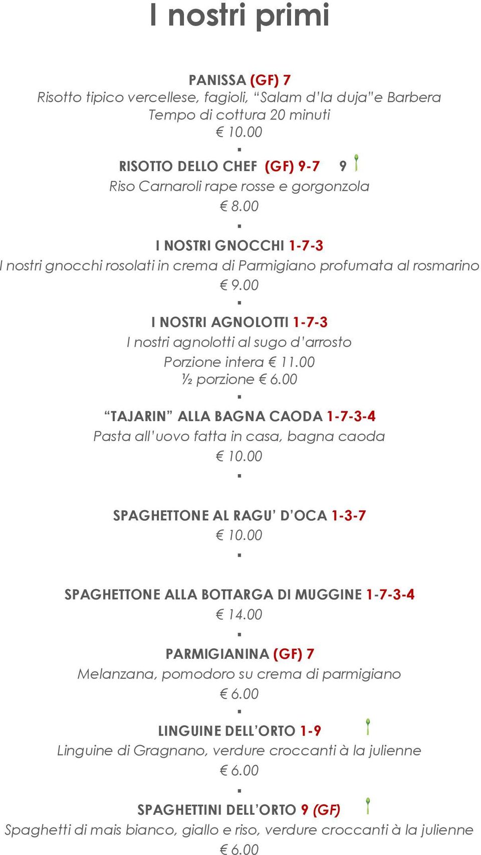 00 ½ porzione TAJARIN ALLA BAGNA CAODA 1-7-3-4 Pasta all uovo fatta in casa, bagna caoda SPAGHETTONE AL RAGU D OCA 1-3-7 SPAGHETTONE ALLA BOTTARGA DI MUGGINE 1-7-3-4 14.