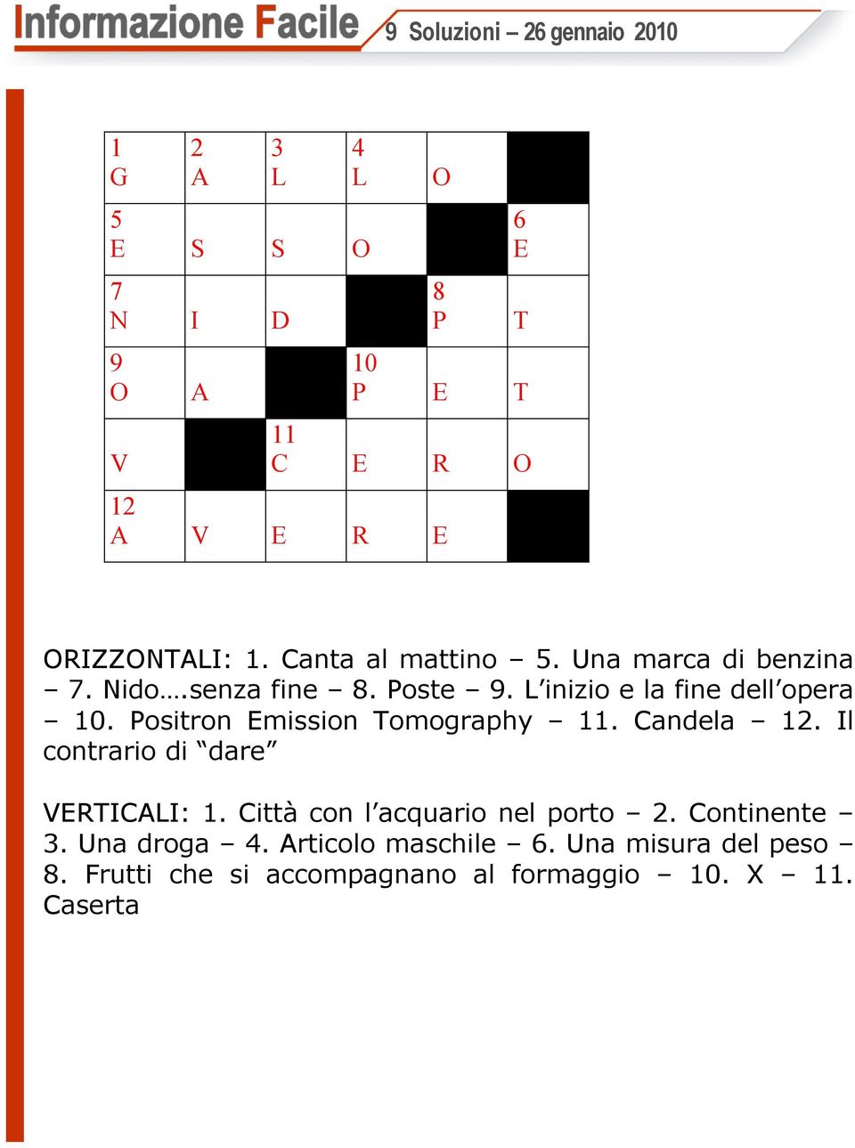 L inizio e la fine dell opera 10. Positron Emission Tomography 11. Candela 12. Il contrario di dare VERTICALI: 1.