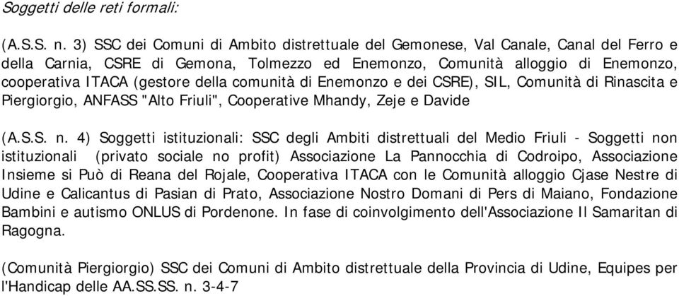 della comunità di Enemonzo e dei CSRE), SIL, Comunità di Rinascita e Piergiorgio, ANFASS "Alto Friuli", Cooperative Mhandy, Zeje e Davide (A.S.S. n.