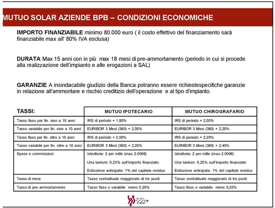 dell impianto e alle erogazioni a SAL) GARANZIE: A insindacabile giudizio della Banca potranno essere richiestespecifiche garanzie in relazione all ammontare e rischio creditizio dell operazione e al