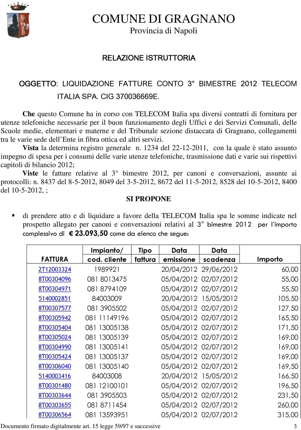 elementari e materne e del Tribunale sezione distaccata di Gragnano, collegamenti tra le varie sede dell Ente in fibra ottica ed altri servizi. Vista la determina registro generale n.