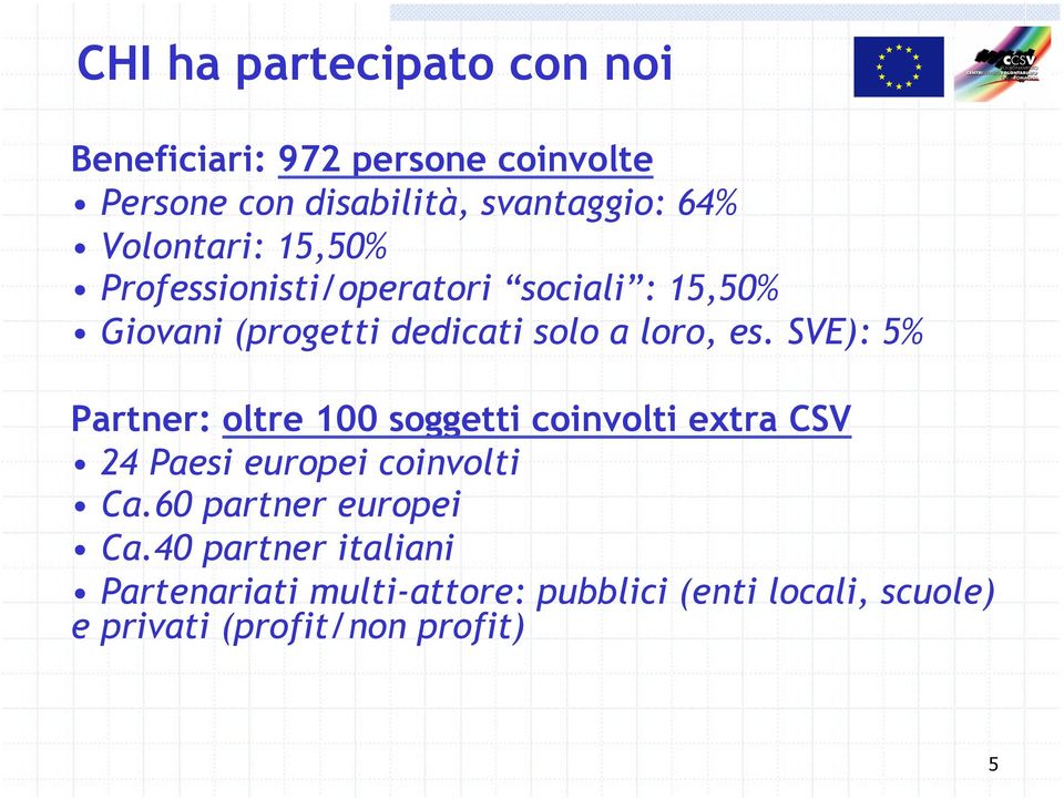 SVE): 5% Partner: oltre 100 soggetti coinvolti extra CSV 24 Paesi europei coinvolti Ca.