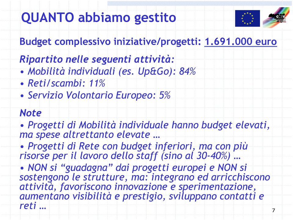 Progetti di Rete con budget inferiori, ma con più risorse per il lavoro dello staff (sino al 30-40%) NON si guadagna dai progetti europei e NON si