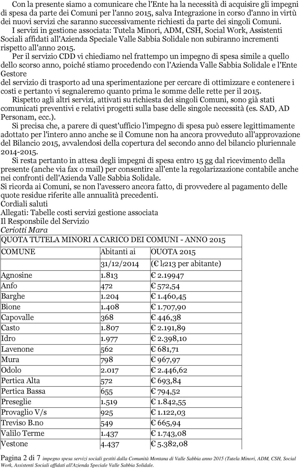 I servizi in gestione associata: Tutela Minori, ADM, CSH, Social Work, Assistenti Sociali affidati all'azienda Speciale Valle Sabbia Solidale non subiranno incrementi rispetto all'anno 2015.