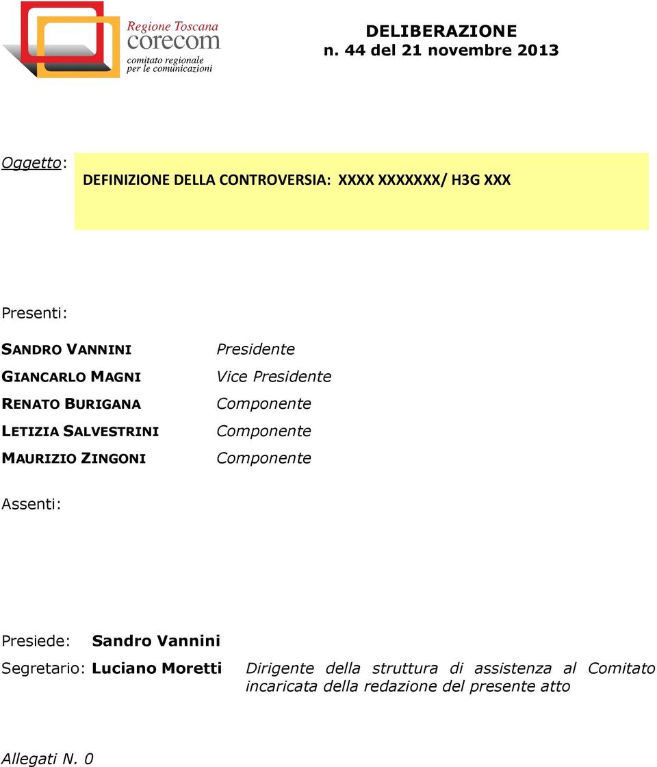 Componente Componente Assenti: Presiede: Sandro Vannini Segretario: Luciano Moretti Dirigente