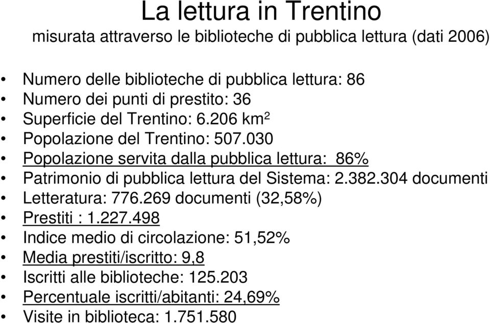 030 Popolazione servita dalla pubblica lettura: 86% Patrimonio di pubblica lettura del Sistema: 2.382.304 documenti Letteratura: 776.