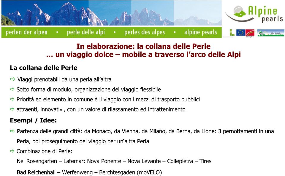 rilassamento ed intrattenimento Esempi / Idee: Partenza delle grandi città: da Monaco, da Vienna, da Milano, da Berna, da Lione: 3 pernottamenti in una Perla, poi