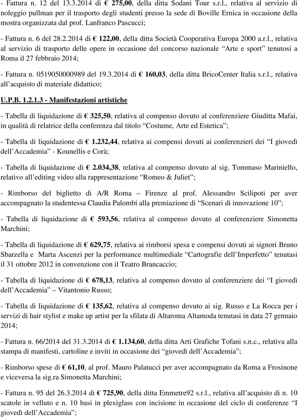 0519050000989 del 19.3.2014 di 160,03, della ditta BricoCenter Italia s.r.l., relativa all acquisto di materiale didattico; U.P.B. 1.2.1.3 - Manifestazioni artistiche - Tabella di liquidazione di