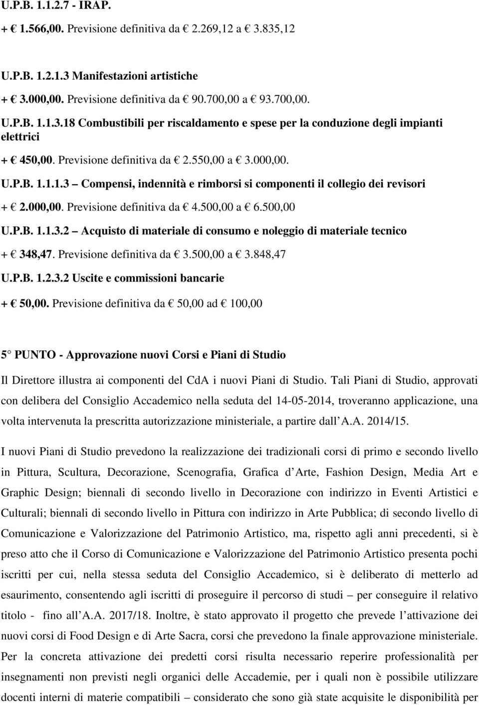 Previsione definitiva da 3.500,00 a 3.848,47 U.P.B. 1.2.3.2 Uscite e commissioni bancarie + 50,00.