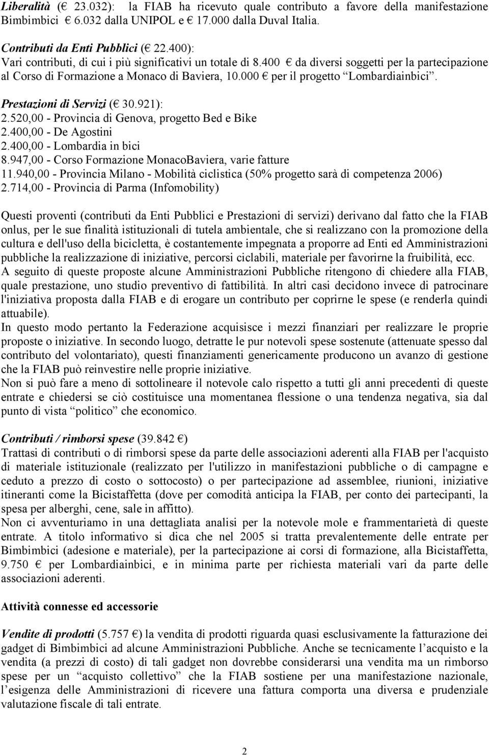 Prestazioni di Servizi ( 30.921): 2.520,00 - Provincia di Genova, progetto Bed e Bike 2.400,00 - De Agostini 2.400,00 - Lombardia in bici 8.947,00 - Corso Formazione MonacoBaviera, varie fatture 11.