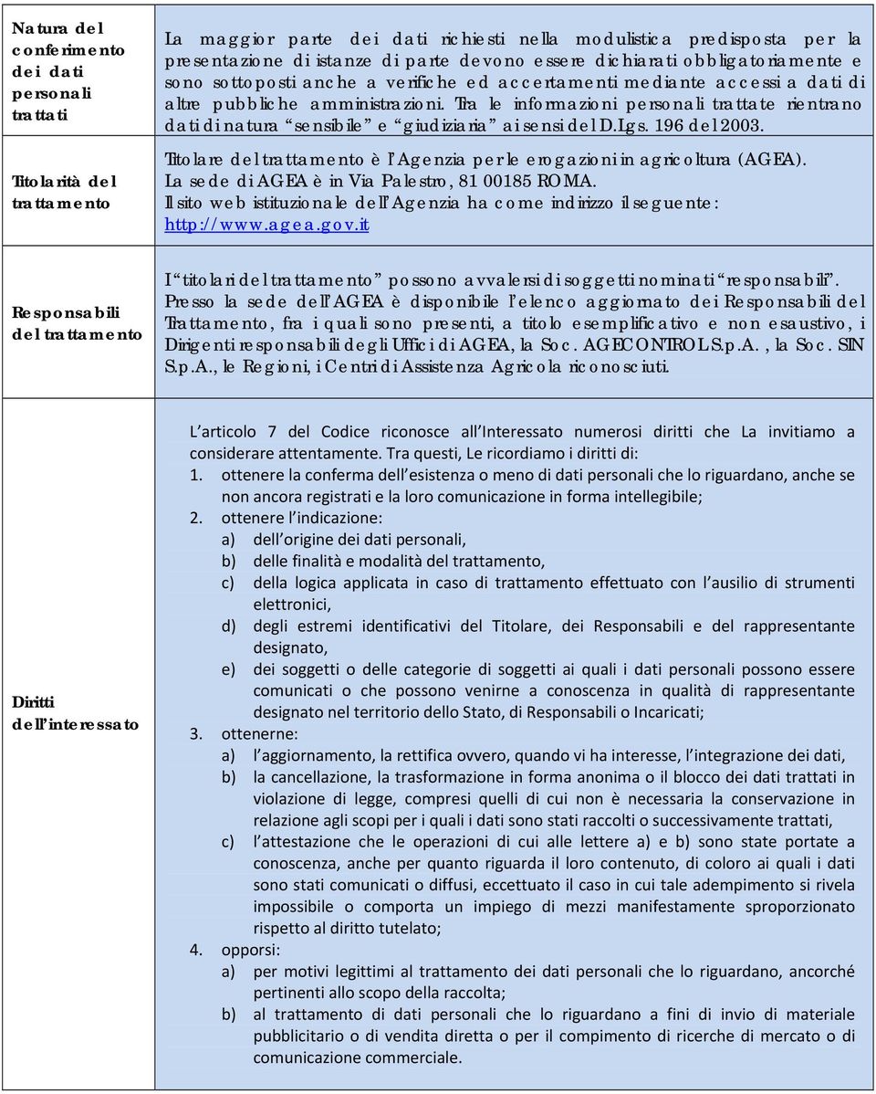 Tra le informazioni personali trattate rientrano dati di natura sensibile e giudiziaria ai sensi del D.Lgs. 196 del 2003. Titolare del trattamento è l Agenzia per le erogazioni in agricoltura (AGEA).