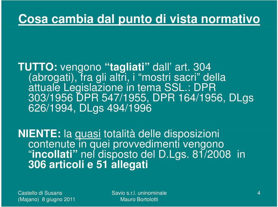 : DPR 303/1956 DPR 547/1955, DPR 164/1956, DLgs 626/1994, DLgs 494/1996 NIENTE: la quasi totalità