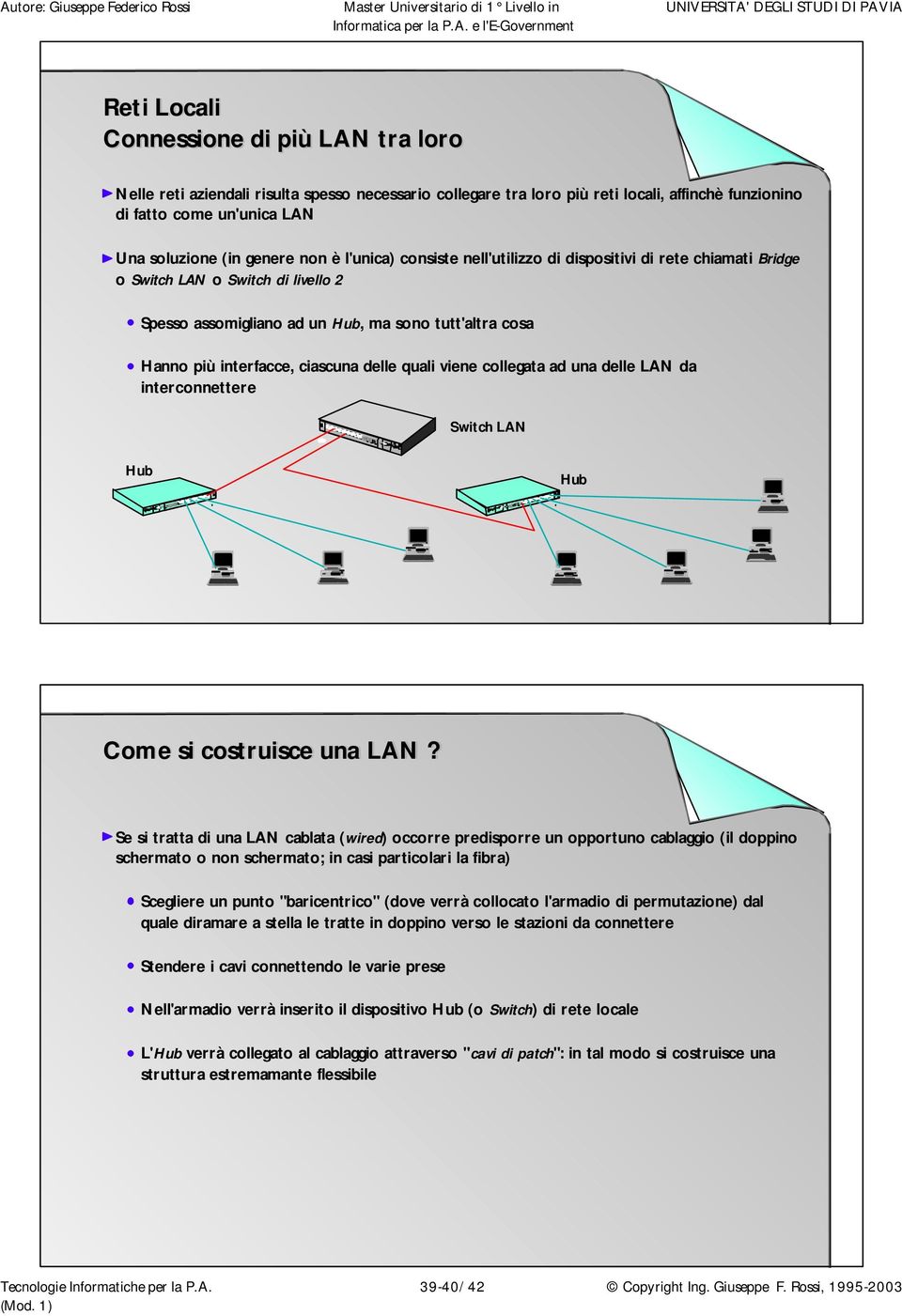 delle quali viene collegata ad una delle LAN da interconnettere Switch LAN Hub Hub Come si costruisce una LAN?