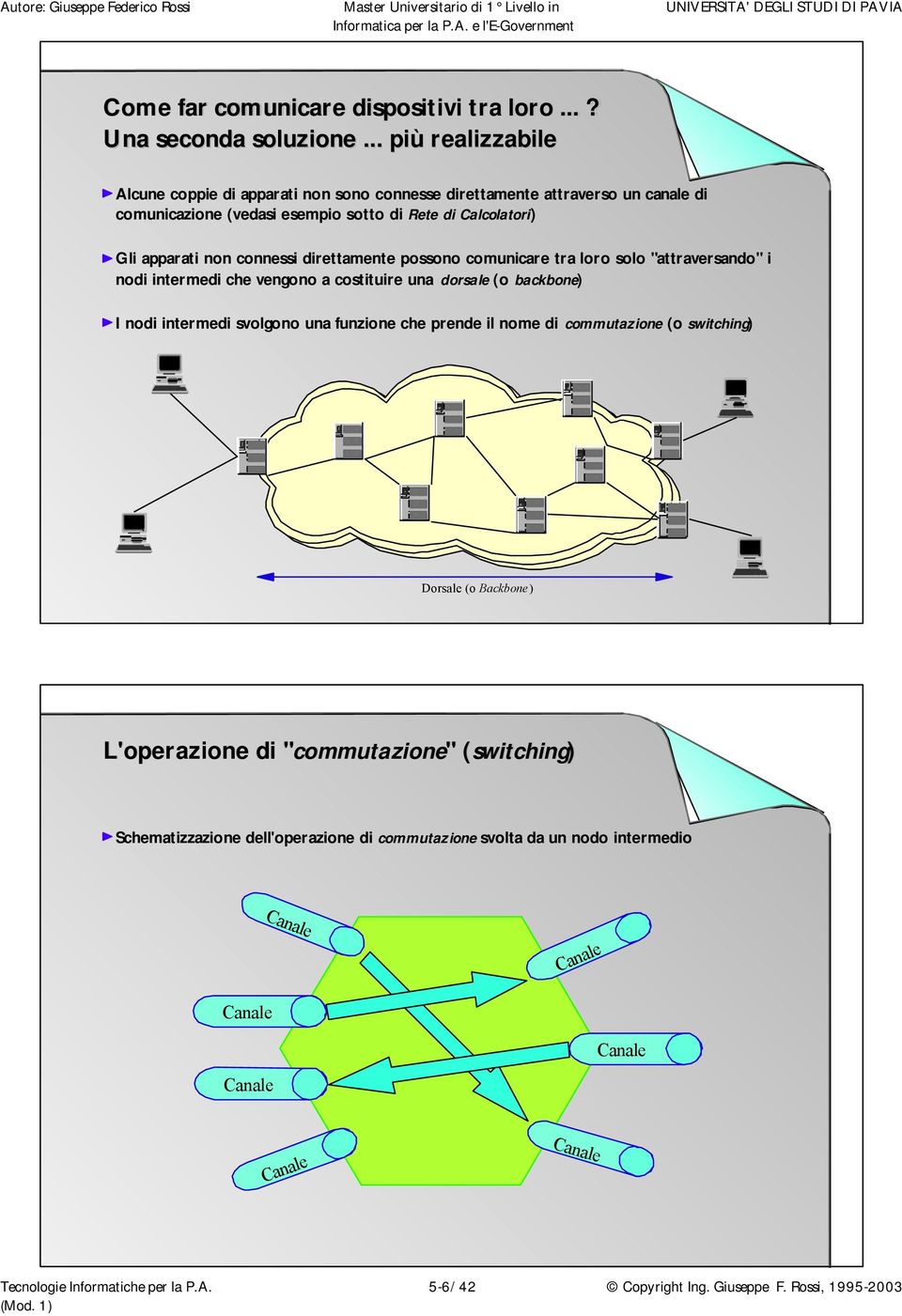 direttamente possono comunicare tra loro solo "attraversando" i nodi intermedi che vengono a costituire una dorsale (o backbone) I nodi intermedi svolgono una funzione che prende il nome di