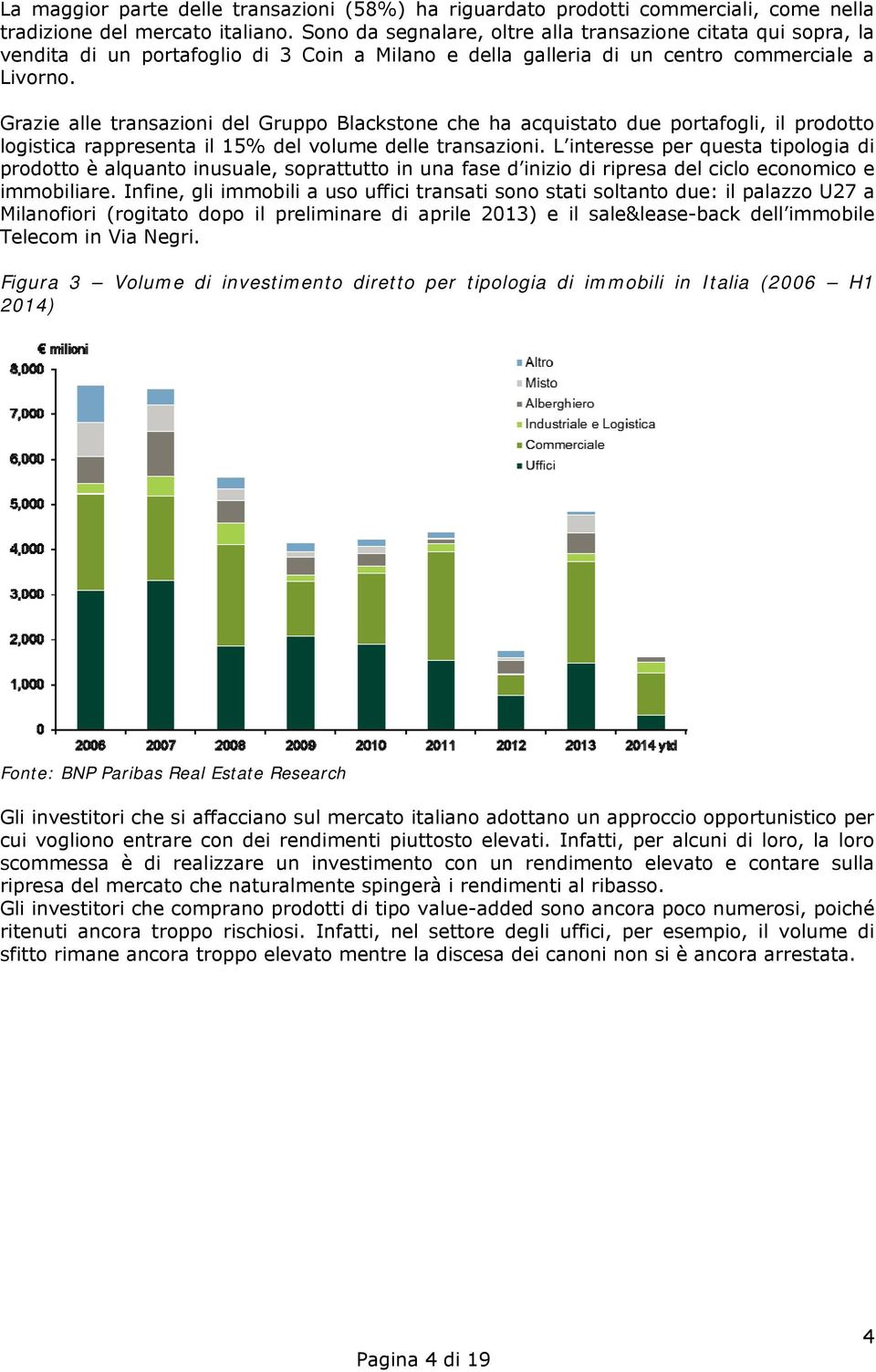 Grazie alle transazioni del Gruppo Blackstone che ha acquistato due portafogli, il prodotto logistica rappresenta il 15% del volume delle transazioni.