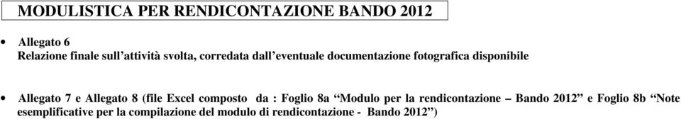 Allegato 8 (file Excel composto da : Foglio 8a Modulo per la rendicontazione Bando 2012