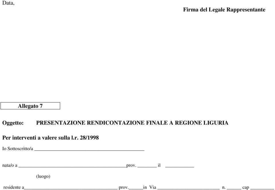 Per interventi a valere sulla l.r. 28/1998 Io Sottoscritto/a nata/o a prov.