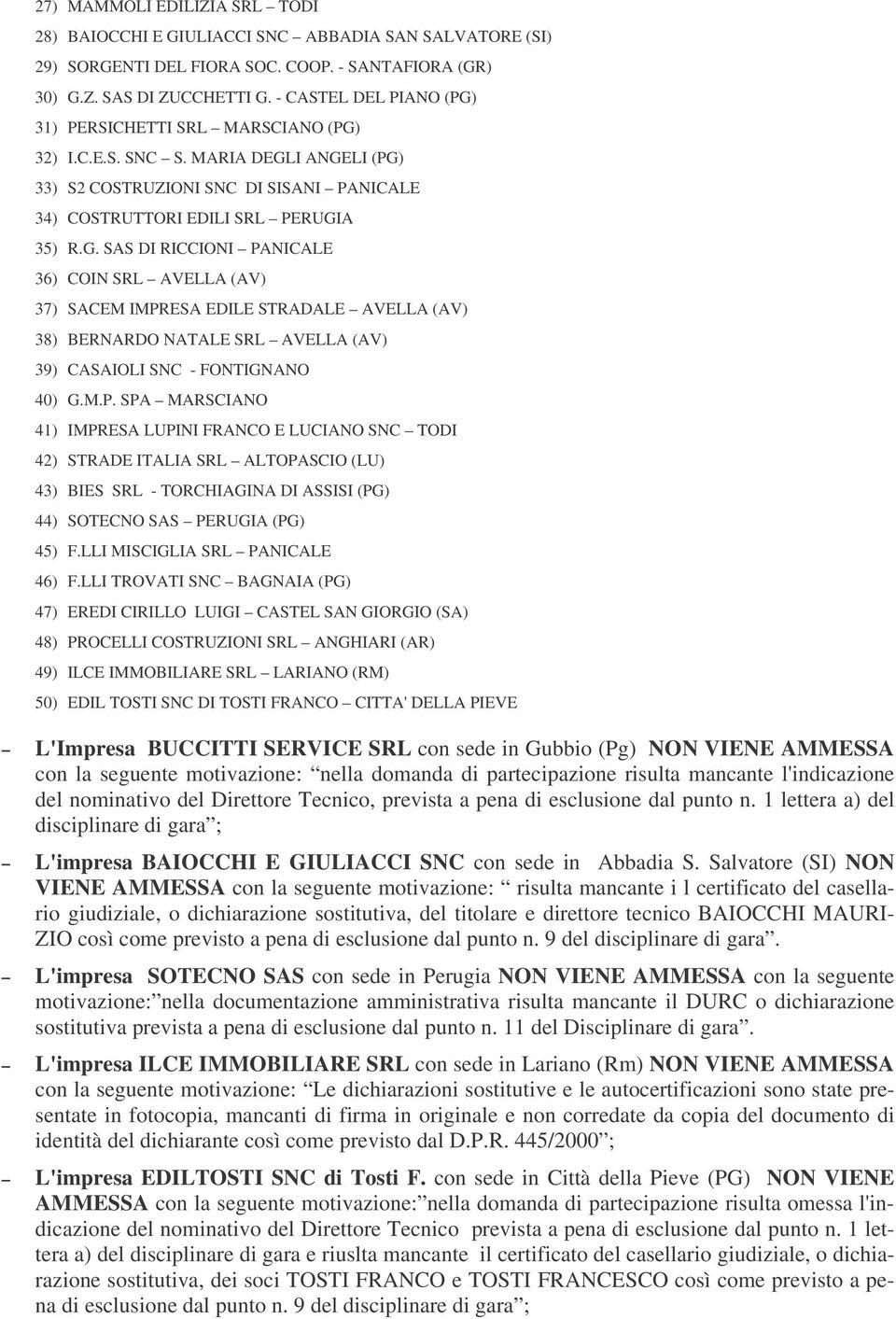 M.P. SPA MARSCIANO 41) IMPRESA LUPINI FRANCO E LUCIANO SNC TODI 42) STRADE ITALIA SRL ALTOPASCIO (LU) 43) BIES SRL - TORCHIAGINA DI ASSISI (PG) 44) SOTECNO SAS PERUGIA (PG) 45) F.