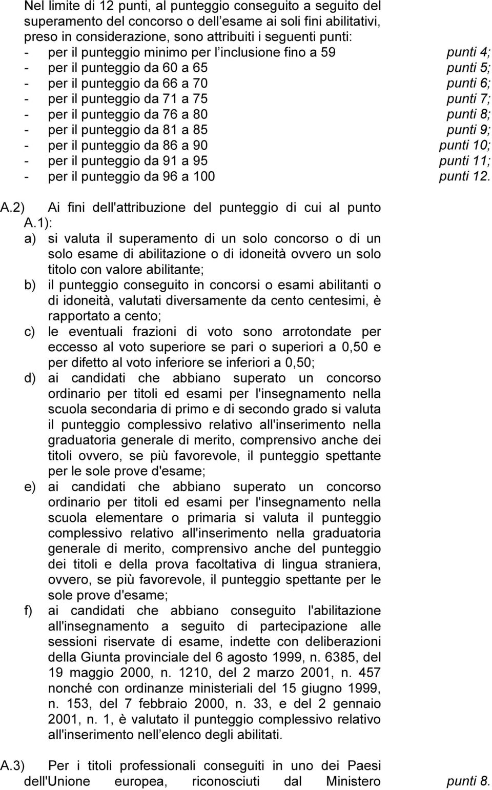 punti 8; - per il punteggio da 81 a 85 punti 9; - per il punteggio da 86 a 90 punti 10; - per il punteggio da 91 a 95 punti 11; - per il punteggio da 96 a 100 punti 12. A.