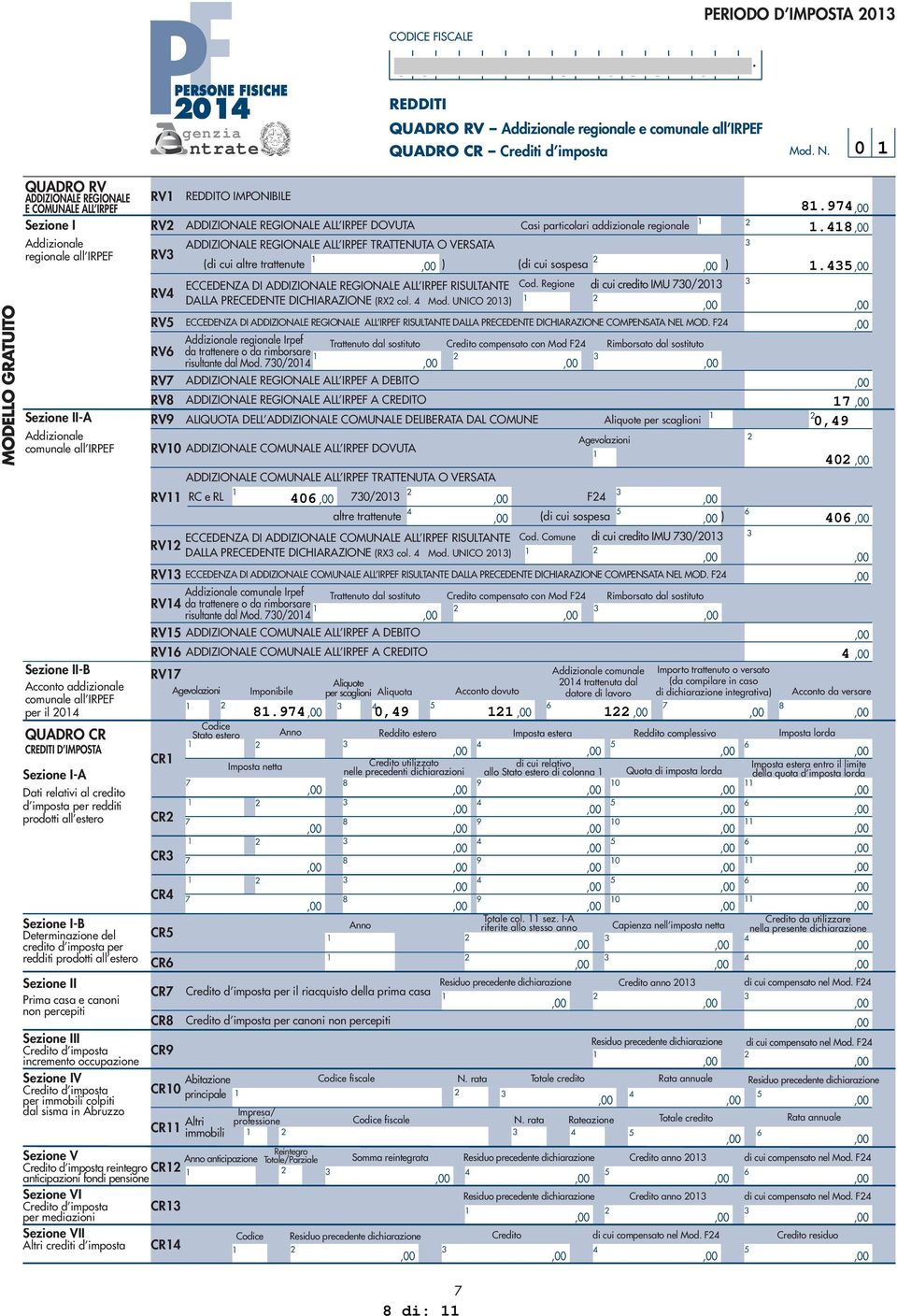 0 MODELLO GRATUITO QUADRO RV ADDIZIONALE REGIONALE E COMUNALE ALL IRPEF Sezione I Addizionale regionale all IRPEF Sezione II-A Addizionale comunale all IRPEF Sezione II-B Acconto addizionale comunale