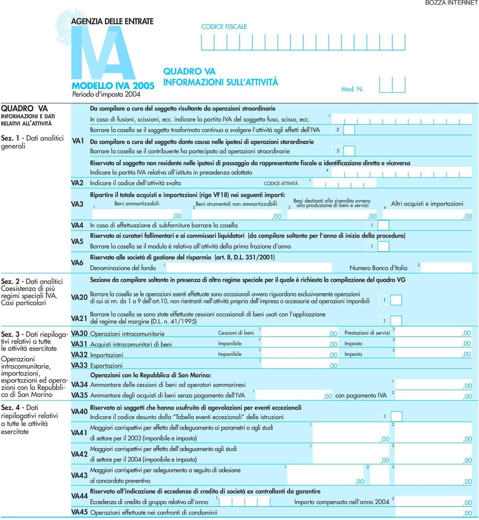 4 - Dati riepilogativi relativi a tutte le attività esercitate MODELLO IVA 005 Periodo d imposta 004 VA VA3 VA4 VA5 VA0 VA Indicare il codice dell attività svolta QUADRO VA INFORMAZIONI SULL ATTIVITÀ