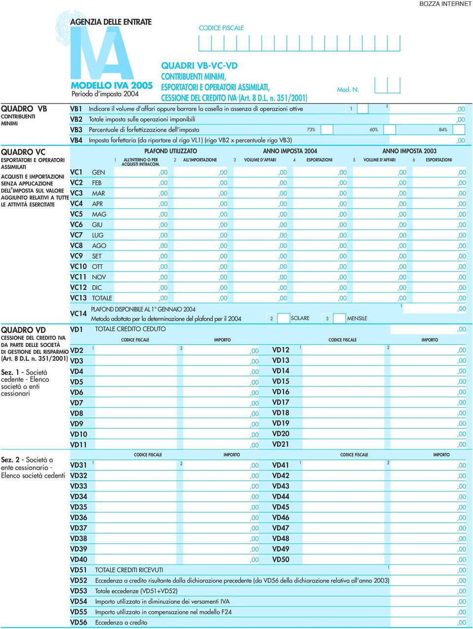 - Società o ente cessionario - VD3 Elenco società cedenti VD3 VD33 VD34 VD35 VD36 VD37 VD38 VD39 VD40 VD5 VD5 VD53 VD54 VD55 VD56 MODELLO IVA 005 Periodo d imposta 004 DI GESTIONE DEL RISPARMIO VD