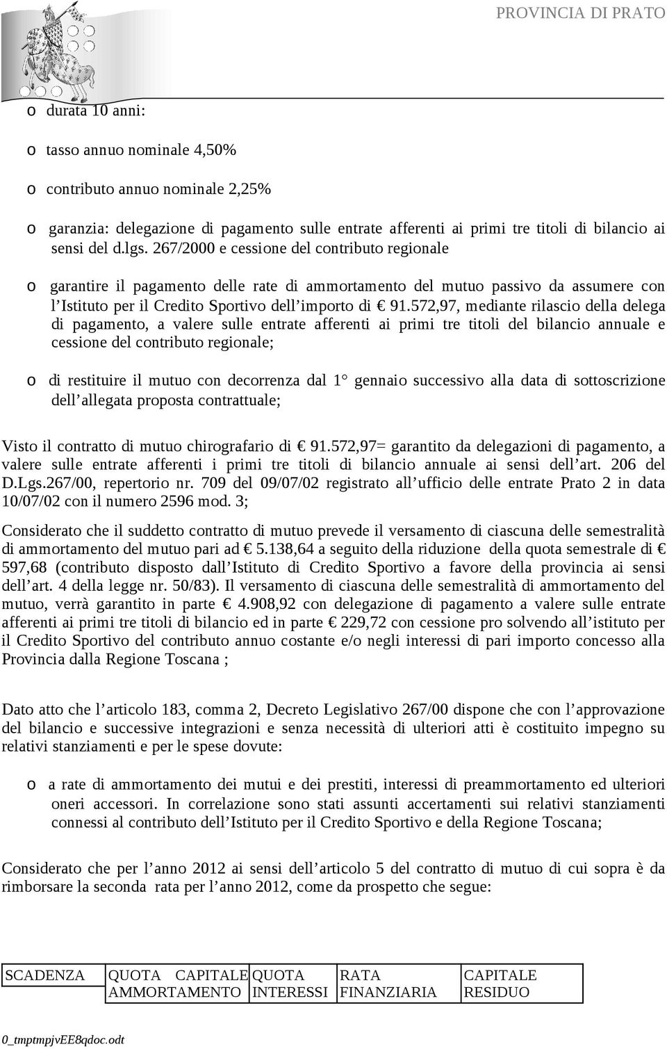 572,97, mediante rilascio della delega di pagamento, a valere sulle entrate afferenti ai primi tre titoli del bilancio annuale e cessione del contributo regionale; o di restituire il mutuo con