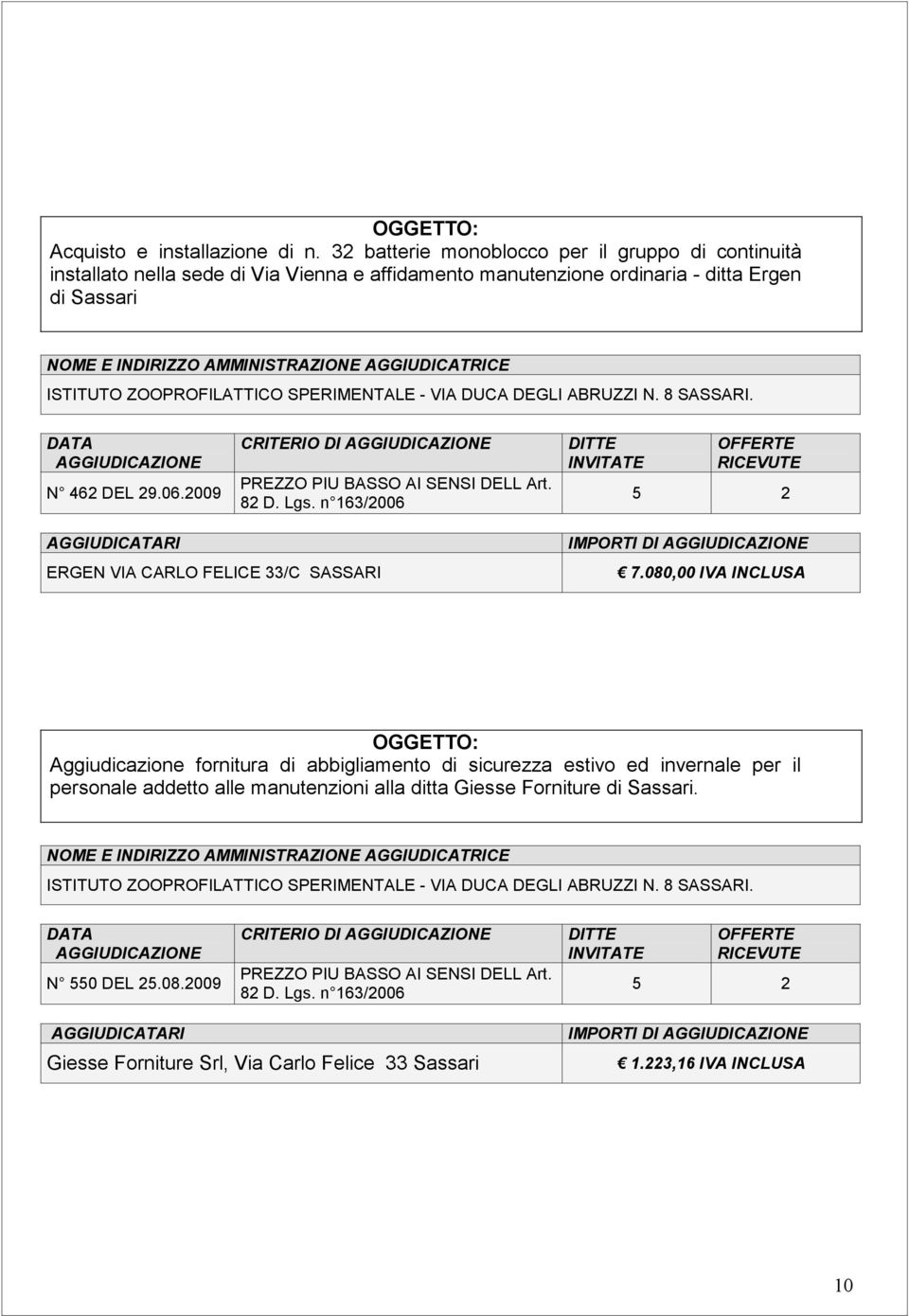 Sassari N 462 DEL 29.06.2009 CRITERIO DI 5 2 ERGEN VIA CARLO FELICE 33/C SASSARI IMPORTI DI 7.