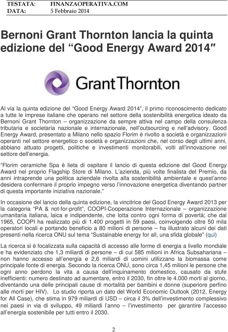 imprese italiane che operano nel settore della sostenibilità energetica ideato da Bernoni Grant Thornton organizzazione da sempre attiva nel campo della consulenza tributaria e societaria nazionale e