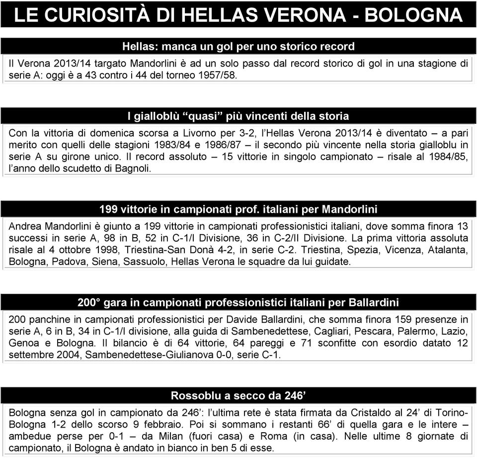 I gialloblù quasi più vincenti della storia Con la vittoria di domenica scorsa a Livorno per 3-2, l Hellas Verona 213/14 è diventato a pari merito con quelli delle stagioni 1983/84 e 1986/87 il