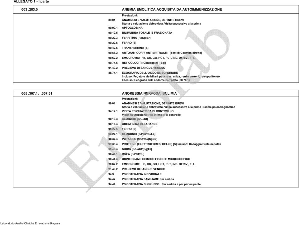 5 RETICOLOCITI (Conteggio) [(Sg)] 88.74.1 ECOGRAFIA DELL' ADDOME SUPERIORE Incluso: Fegato e vie biliari, pancreas, milza, reni e surreni, retroperitoneo Escluso: Ecografia dell' addome completo (88.