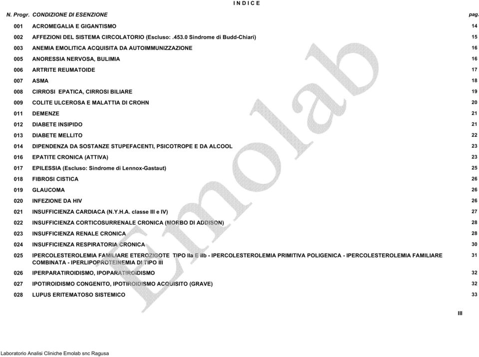 18 008 CIRROSI EPATICA, CIRROSI BILIARE 19 009 COLITE ULCEROSA E MALATTIA DI CROHN 20 011 DEMENZE 21 012 DIABETE INSIPIDO 21 013 DIABETE MELLITO 22 014 DIPENDENZA DA SOSTANZE STUPEFACENTI, PSICOTROPE