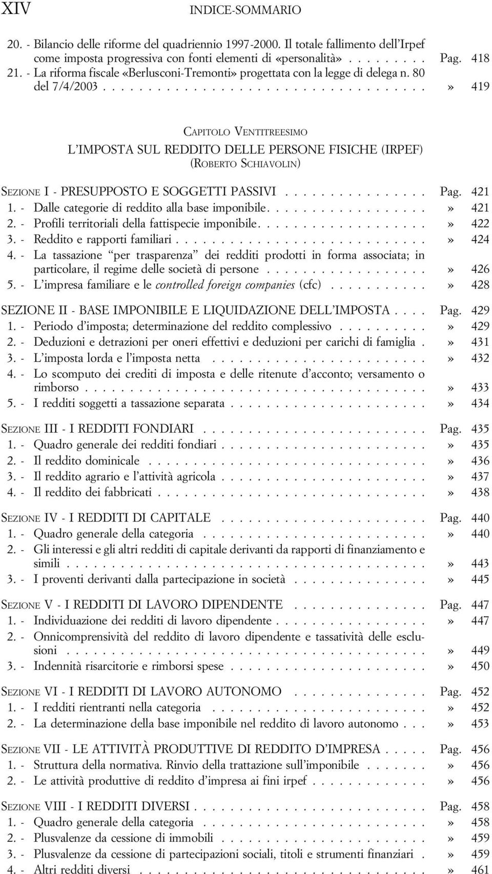 ...................................» 419 CAPITOLO VENTITREESIMO L IMPOSTA SUL REDDITO DELLE PERSONE FISICHE (IRPEF) (ROBERTO SCHIAVOLIN) SEZIONE I - PRESUPPOSTO E SOGGETTI PASSIVI................ Pag.