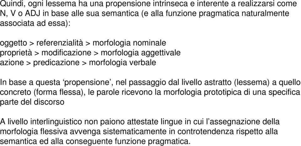 passaggio dal livello astratto (lessema) a quello concreto (forma flessa), le parole ricevono la morfologia prototipica di una specifica parte del discorso A livello