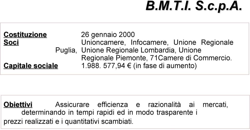 Regionale Lombardia, Unione Regionale Piemonte, 71Camere di Commercio. Capitale sociale 1.988.