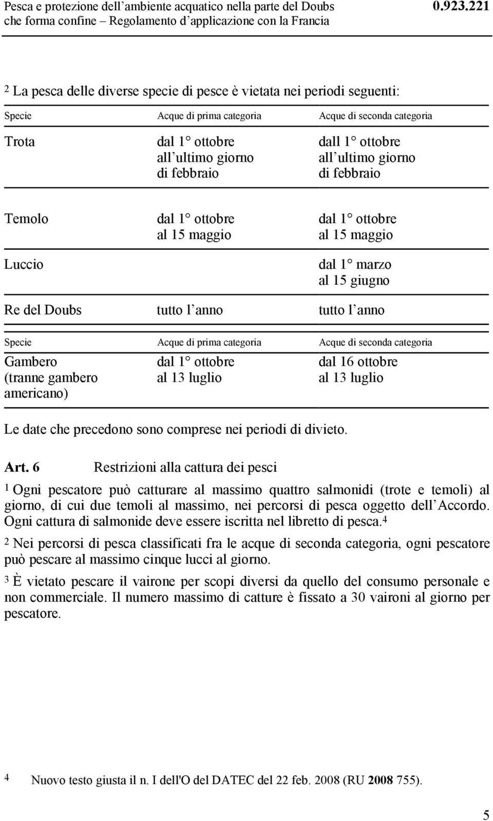 febbraio Temolo Luccio al 15 maggio al 15 maggio dal 1 marzo al 15 giugno Re del Doubs tutto l anno tutto l anno Specie Acque di prima categoria Acque di seconda categoria Gambero (tranne gambero