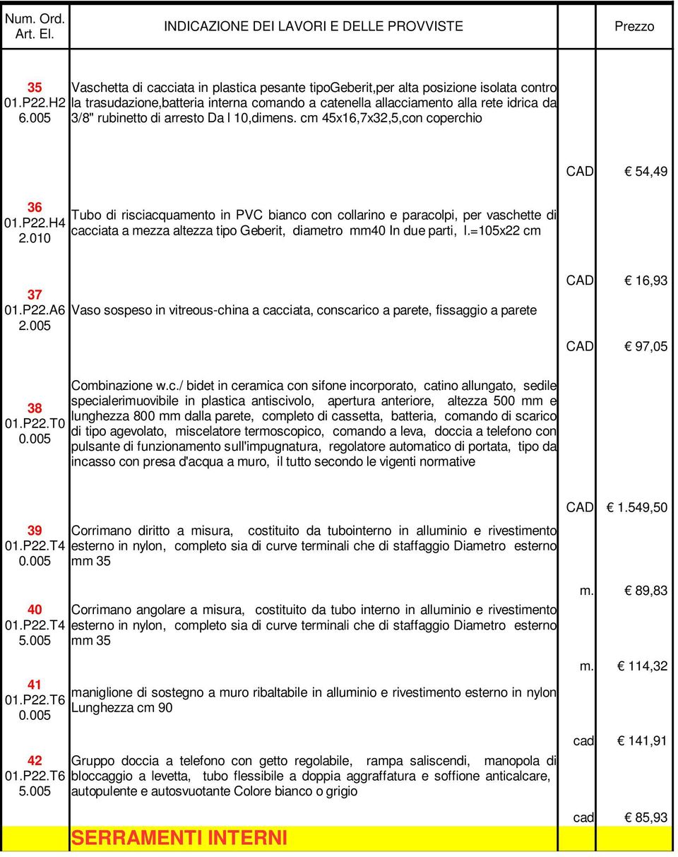 H4 cacciata a mezza altezza tipo Geberit, diametro mm40 In due parti, l.=105x22 cm 2.010 37 01.P22.A6 Vaso sospeso in vitreous-china a cacciata, conscarico a parete, fissaggio a parete 2.