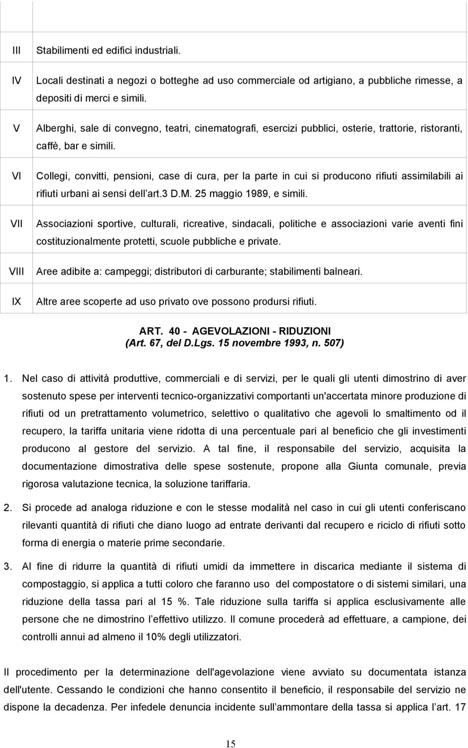 VI Collegi, convitti, pensioni, case di cura, per la parte in cui si producono rifiuti assimilabili ai rifiuti urbani ai sensi dell art.3 D.M. 25 maggio 1989, e simili.