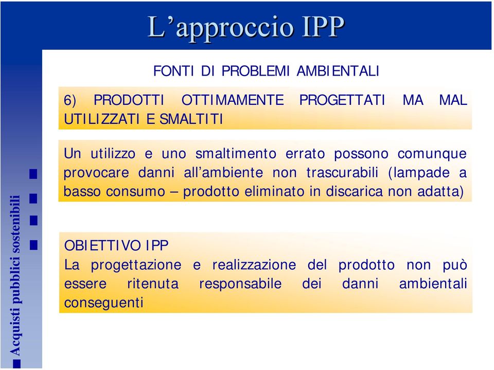 trascurabili (lampade a basso consumo prodotto eliminato in discarica non adatta) OBIETTIVO IPP La