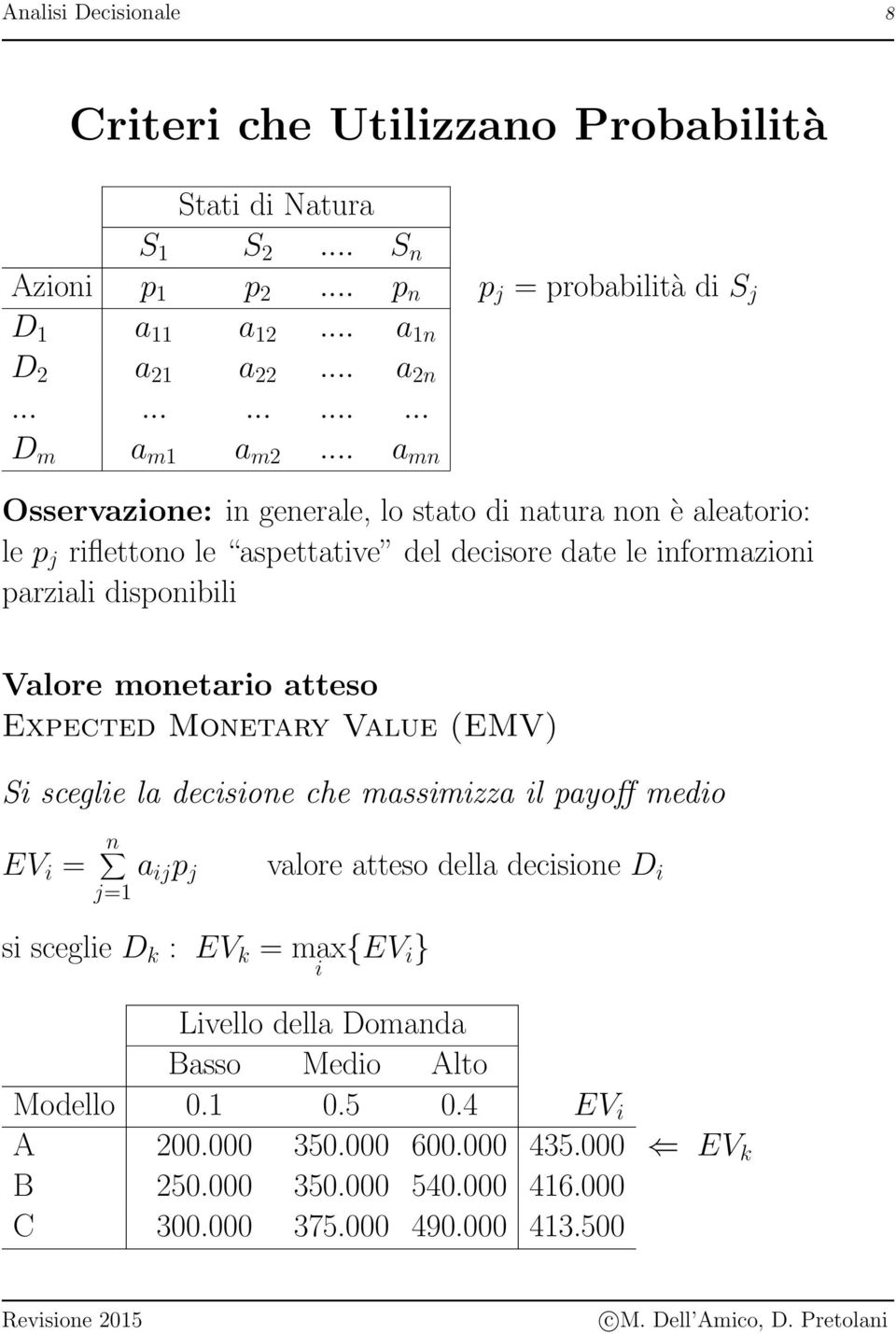 .. a mn Osservazione: in generale, lo stato di natura non è aleatorio: le p j riflettono le aspettative del decisore date le informazioni parziali disponibili Valore monetario atteso