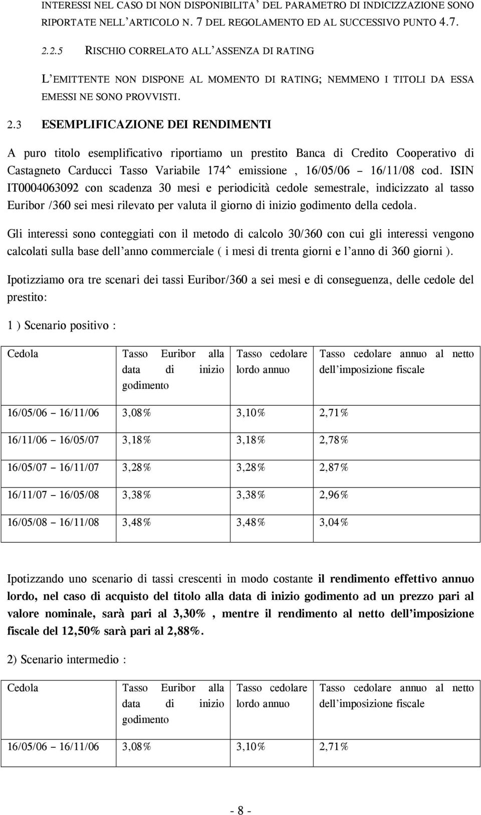 3 ESEMPLIFICAZIONE DEI RENDIMENTI A puro titolo esemplificativo riportiamo un prestito Banca di Credito Cooperativo di Castagneto Carducci Tasso Variabile 174^ emissione, 16/05/06 16/11/08 cod.