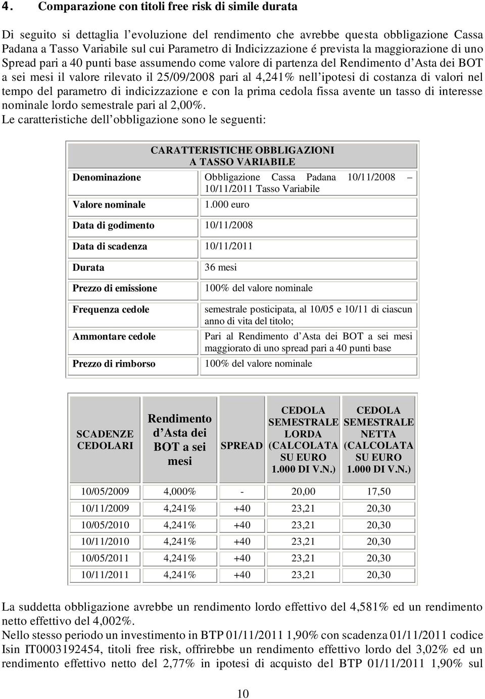 4,241% nell ipotesi di costanza di valori nel tempo del parametro di indicizzazione e con la prima cedola fissa avente un tasso di interesse nominale lordo semestrale pari al 2,00%.