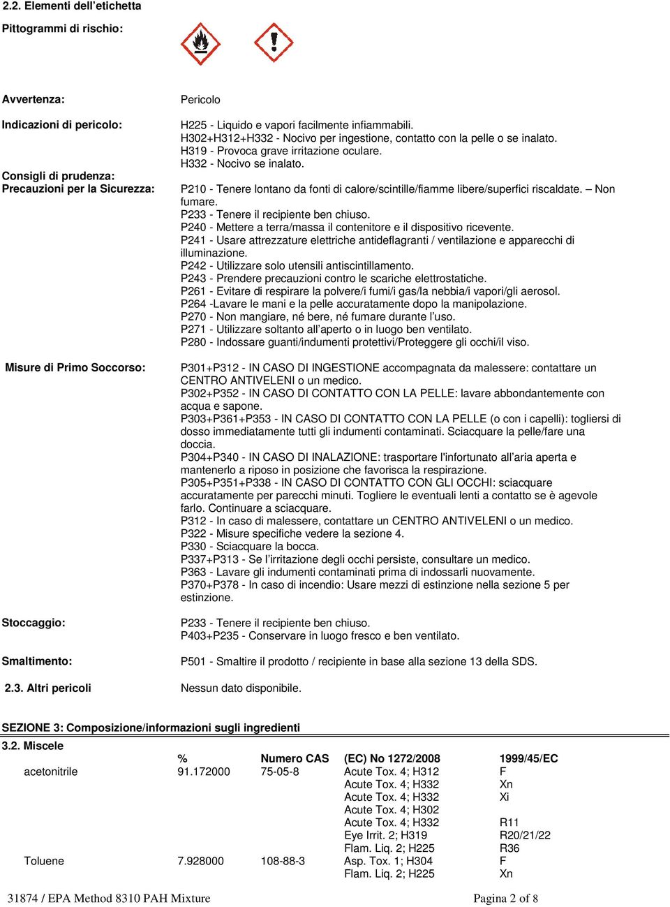 H332 - Nocivo se inalato. P210 - Tenere lontano da fonti di calore/scintille/fiamme libere/superfici riscaldate. Non fumare. P233 - Tenere il recipiente ben chiuso.
