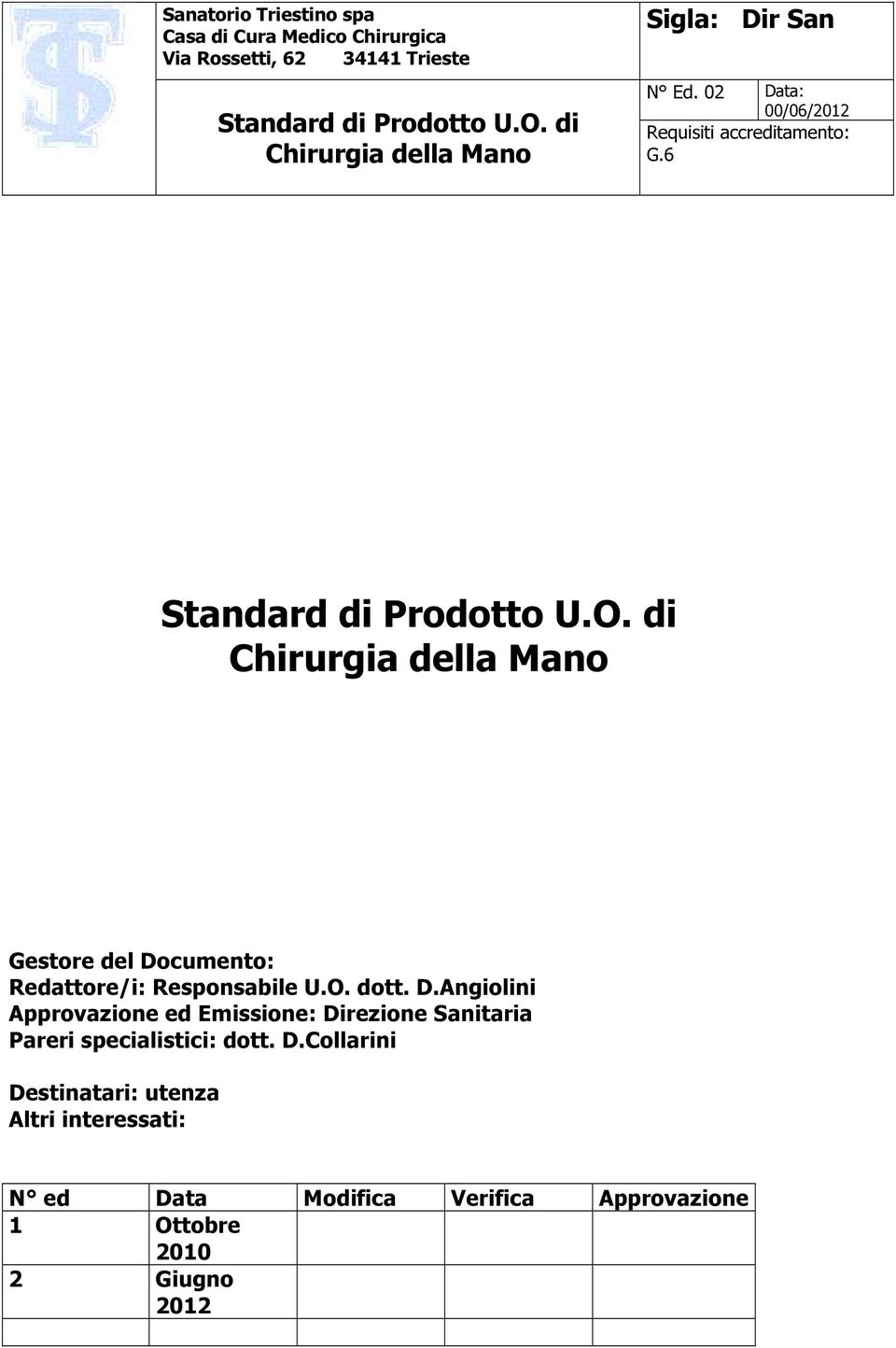 Angiolini Approvazione ed Emissione: Direzione Sanitaria Pareri