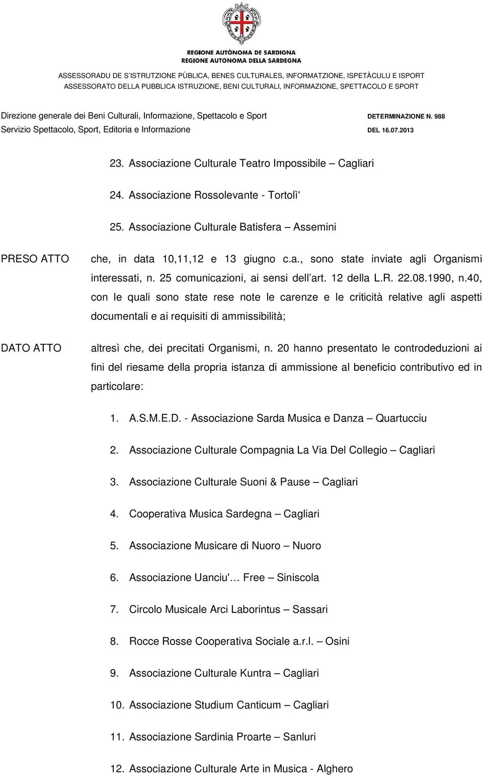 40, con le quali sono state rese note le carenze e le criticità relative agli aspetti documentali e ai requisiti di ammissibilità; DATO ATTO altresì che, dei precitati Organismi, n.