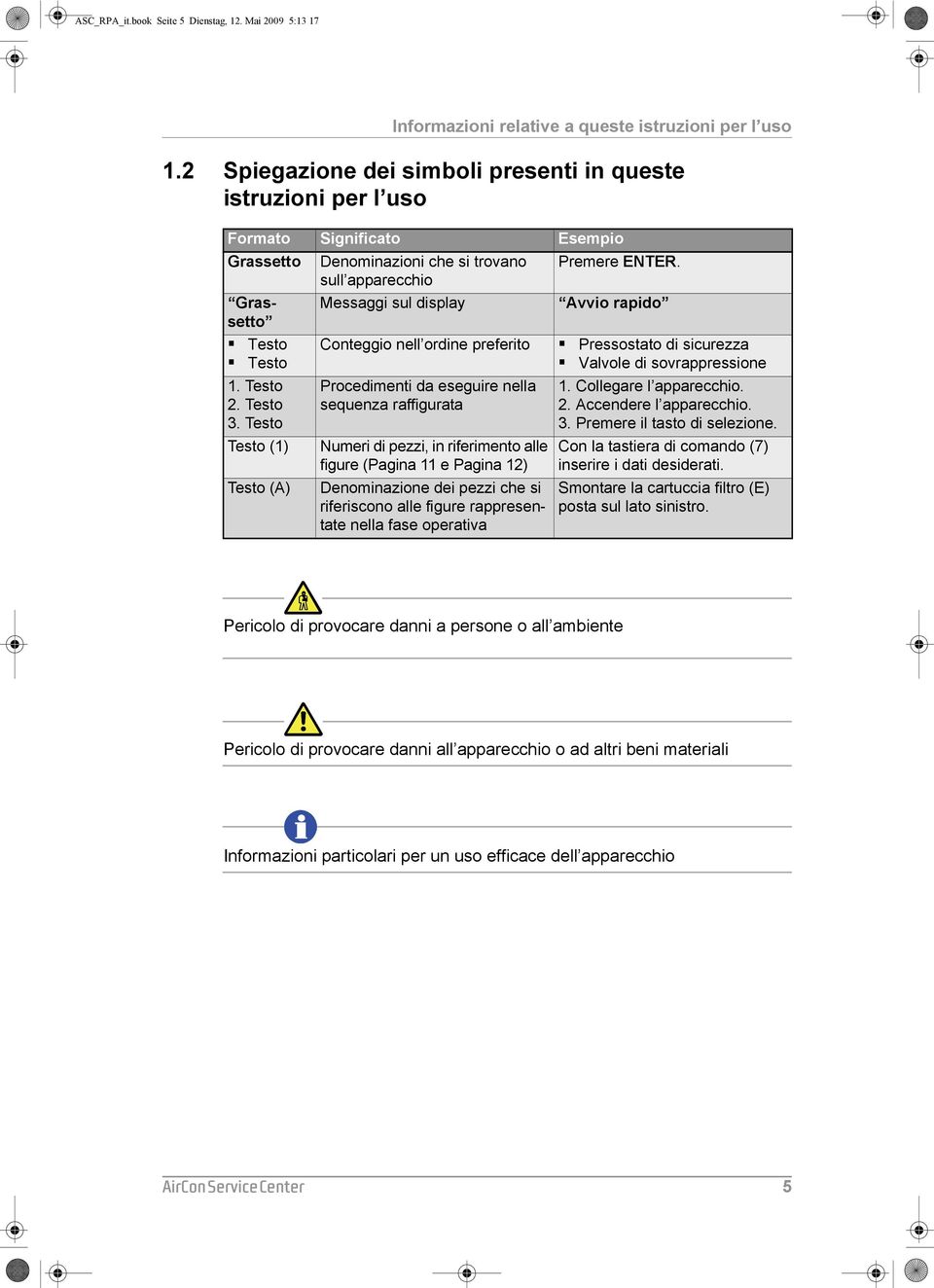 sull apparecchio Grassetto Messaggi sul display Avvio rapido Testo Testo Conteggio nell ordine preferito Pressostato di sicurezza Valvole di sovrappressione 1. Testo 2. Testo 3.