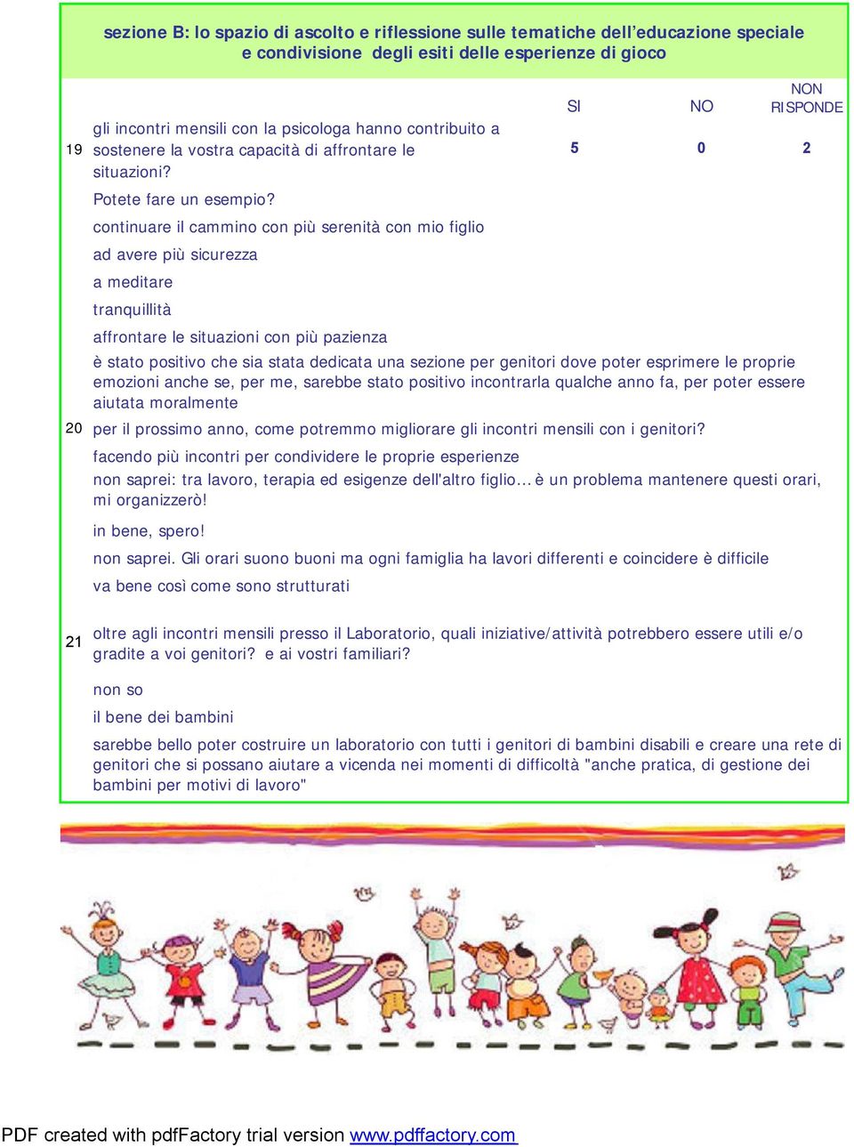 continuare il cammino con più serenità con mio figlio ad avere più sicurezza a meditare tranquillità affrontare le situazioni con più pazienza SI NO NON RISPONDE 5 0 2 è stato positivo che sia stata