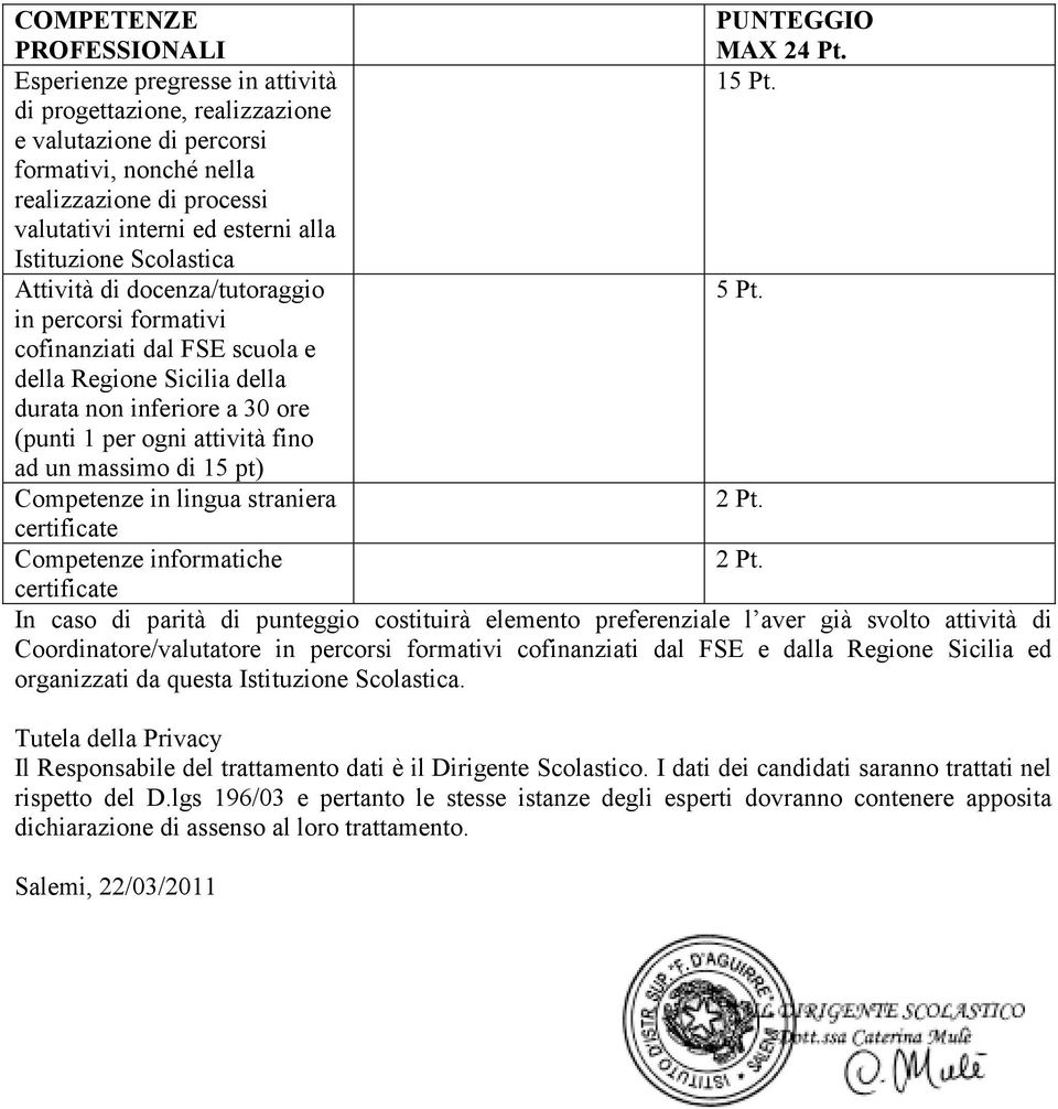 Scolastica Attività di docenza/tutoraggio in percorsi formativi cofinanziati dal FSE scuola e della Regione Sicilia della durata non inferiore a 30 ore (punti 1 per ogni attività fino ad un massimo