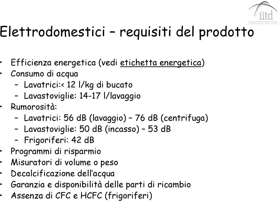 (centrifuga) Lavastoviglie: 50 db (incasso) 53 db Frigoriferi: 42 db Programmi di risparmio Misuratori di