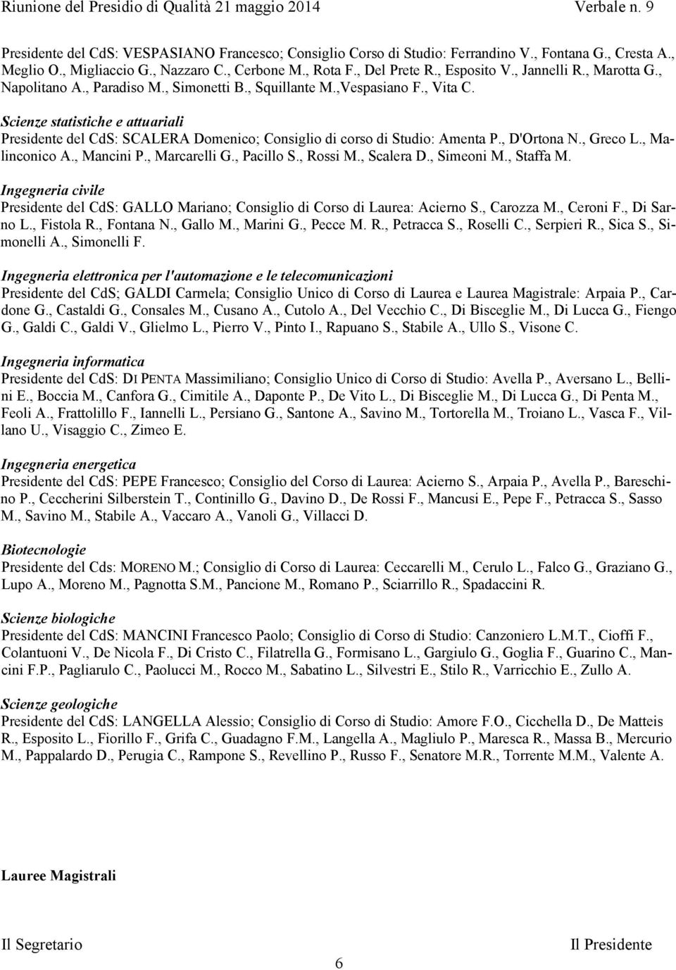 Scienze statistiche e attuariali Presidente del CdS: SCALERA Domenico; Consiglio di corso di Studio: Amenta P., D'Ortona N., Greco L., Malinconico A., Mancini P., Marcarelli G., Pacillo S., Rossi M.